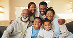 Smile, portrait and big family on sofa in home for bonding, love and weekend connection. Generations, relax and African children with parents and grandparents for trust, safety and hug together.