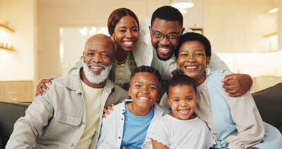 Buy stock photo Smile, portrait and big family on sofa in home for bonding, love and weekend connection. Generations, relax and African children with parents and grandparents for trust, safety and hug together.