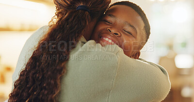 Buy stock photo Happy, hug and mom with child in home for healthy relationship, connection and bonding. African family, house and mother with boy in embrace for affection, support and parenting love for development