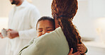 Happy, hug and mom with girl in home for healthy relationship, connection and bonding. African family, house and mother with child in embrace for affection, support and parenting love for development