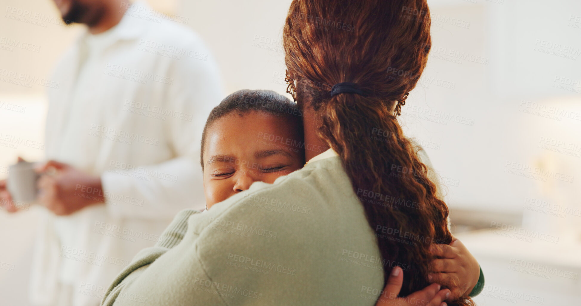 Buy stock photo Happy, hug and mom with girl in home for healthy relationship, connection and bonding. African family, house and mother with child in embrace for affection, support and parenting love for development