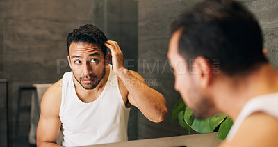 Buy stock photo Man, hair care and mirror in bathroom with check, styling and routine inspection in morning. Male person, reflection or growth in home with cleaning, hairstyle maintenance and grooming for confidence