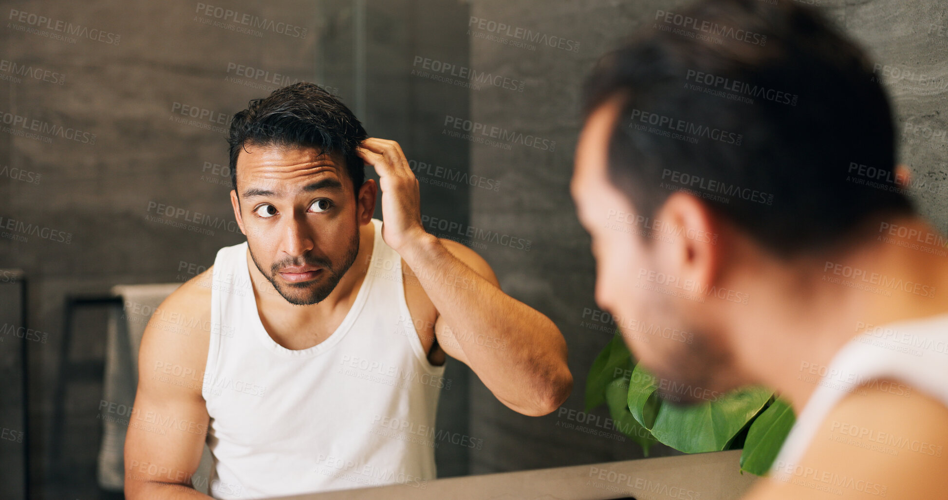Buy stock photo Man, hair care and mirror in bathroom with check, styling and routine inspection in morning. Male person, reflection or growth in home with cleaning, hairstyle maintenance and grooming for confidence