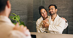 Skincare, couple and smile in mirror for hydration treatment, natural beauty or skin glow. Reflection, people and together with routine inspection for grooming, dermatology or results in home