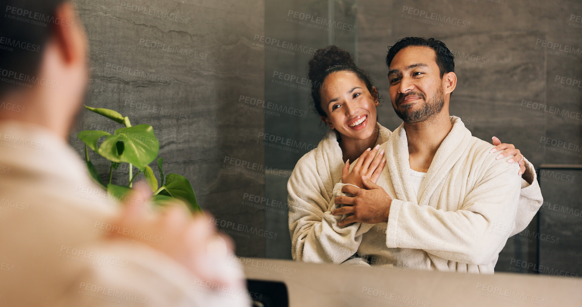 Buy stock photo Skincare, couple and smile in mirror for hydration treatment, natural beauty or skin glow. Reflection, people and together with routine inspection for grooming, dermatology or results in home