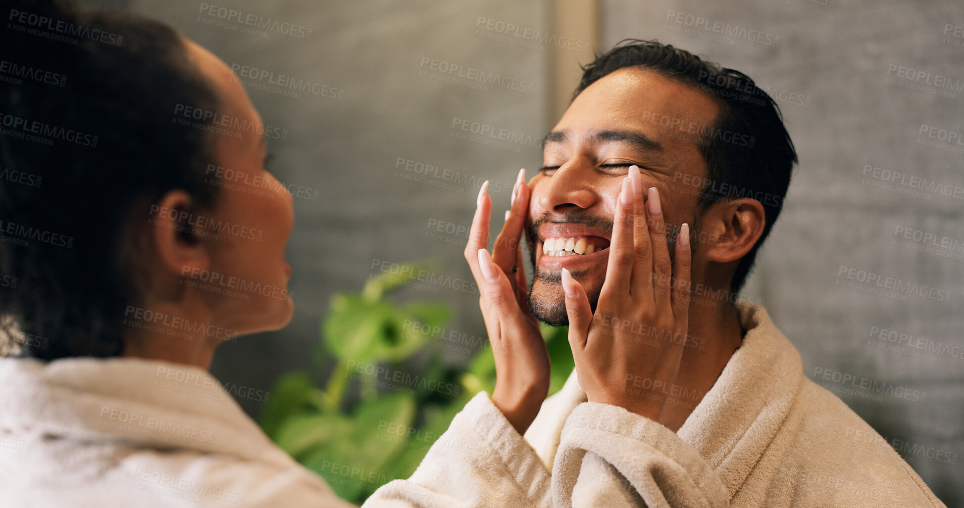 Buy stock photo Couple, skincare and face cream application in bathroom with smile, dermatology or hydration benefits. Happy people, dating and apply moisturizer in home for clear skin, cosmetics or bonding together
