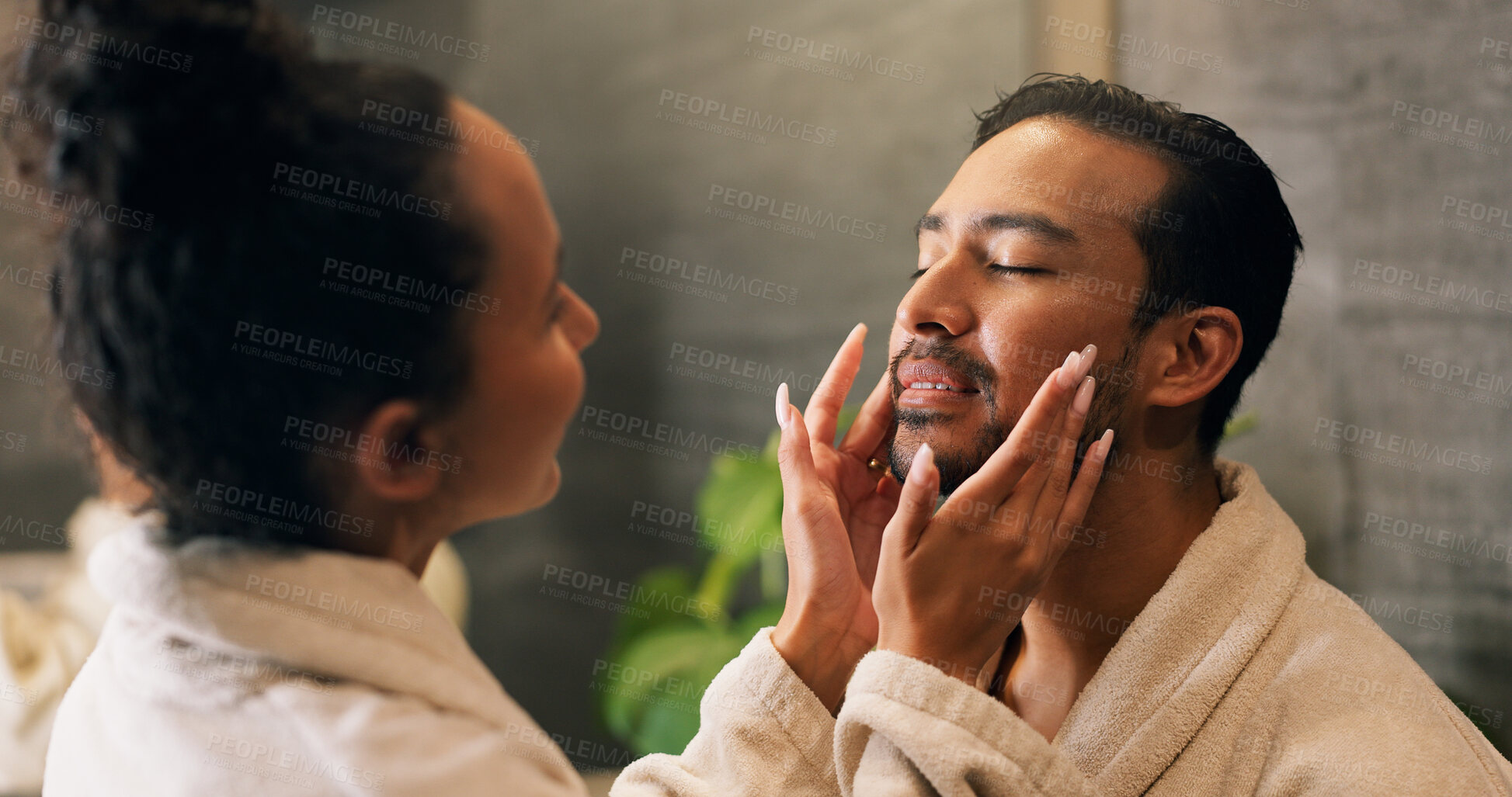 Buy stock photo Couple, skincare and face cream in bathroom with morning routine, dermatology or hydration benefits. Married, people and apply moisturizer in home for clear skin, beauty cosmetics or bonding together