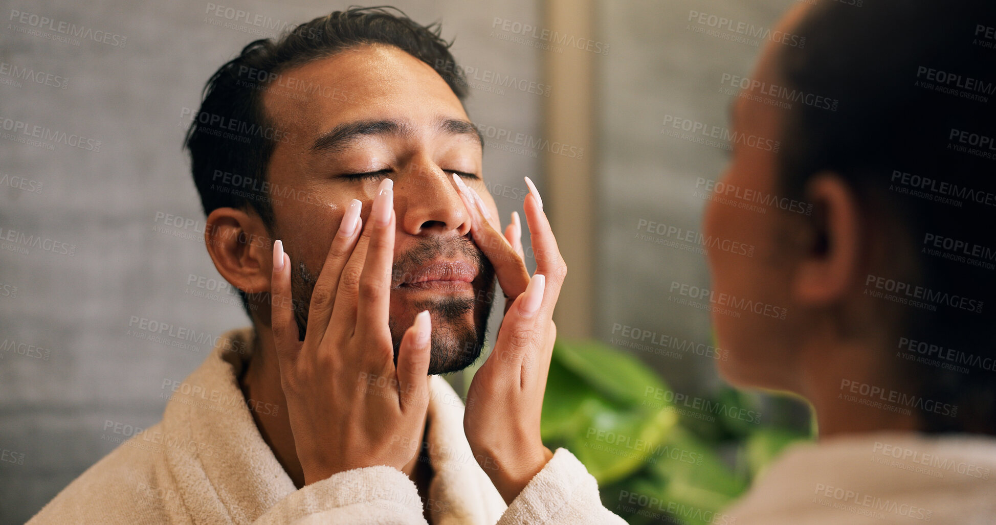 Buy stock photo Couple, skincare and apply moisturizer in bathroom with morning routine, love or hydration benefits. People, romantic relationship and face cream in home for clear skin, cosmetics or bonding together