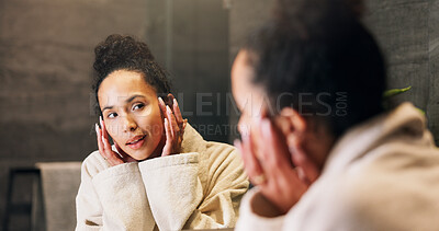 Buy stock photo Skincare, check and woman in mirror for hydration treatment, natural beauty or skin glow. Reflection, female person and happy with routine inspection for grooming, dermatology or results in home