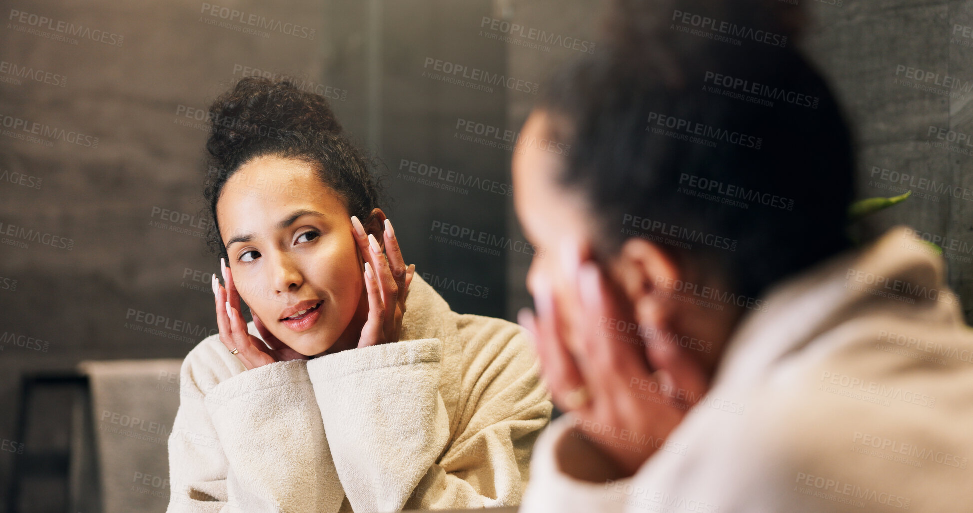Buy stock photo Skincare, check and woman in mirror for hydration treatment, natural beauty or skin glow. Reflection, female person and happy with routine inspection for grooming, dermatology or results in home