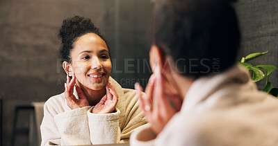 Buy stock photo Skincare, woman and check face in mirror for hydration treatment, natural beauty or skin glow. Reflection, female person and happy with routine inspection for grooming, dermatology or results in home