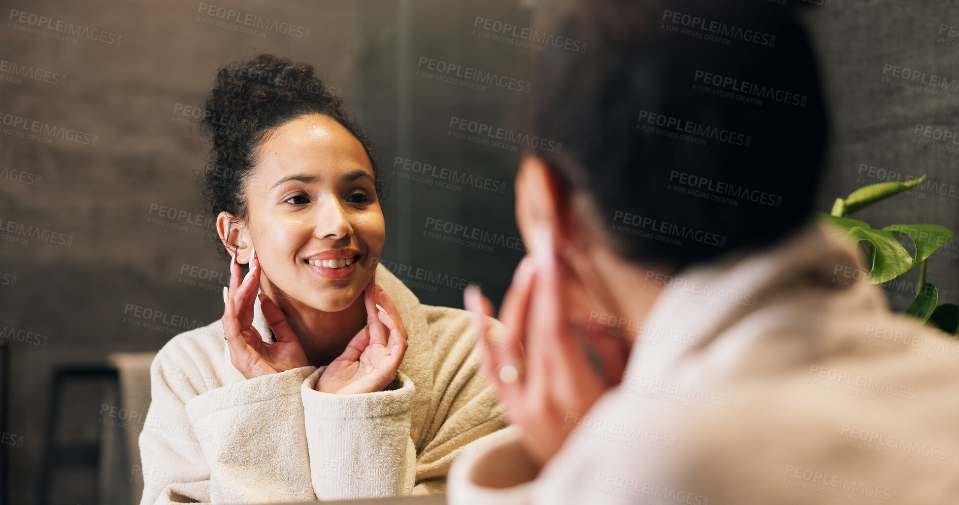 Buy stock photo Skincare, woman and check face in mirror for hydration treatment, natural beauty or skin glow. Reflection, female person and happy with routine inspection for grooming, dermatology or results in home