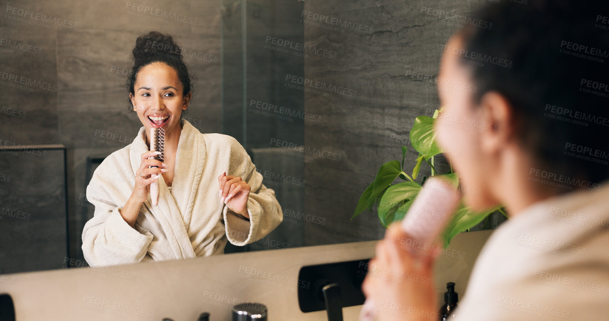 Buy stock photo Karaoke, bathroom and woman with brush in mirror for wellness, grooming or fun for morning routine. Dance, reflection and person in home for singing, song or energy for self care and cleaning