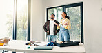 Planning, idea and couple in home for renovation, interior design and decoration for new house. Marriage, talking and man with woman with decision for improvement, remodeling and property makeover