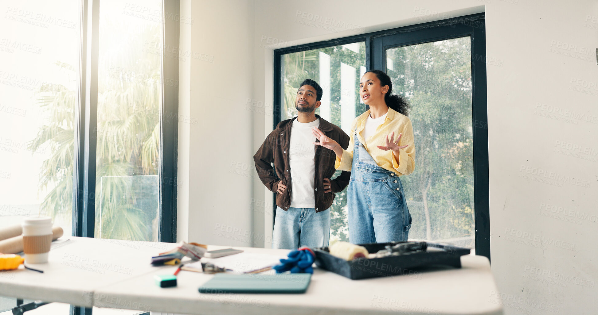 Buy stock photo Planning, idea and couple in home for renovation, interior design and decoration for new house. Marriage, talking and man with woman with decision for improvement, remodeling and property makeover