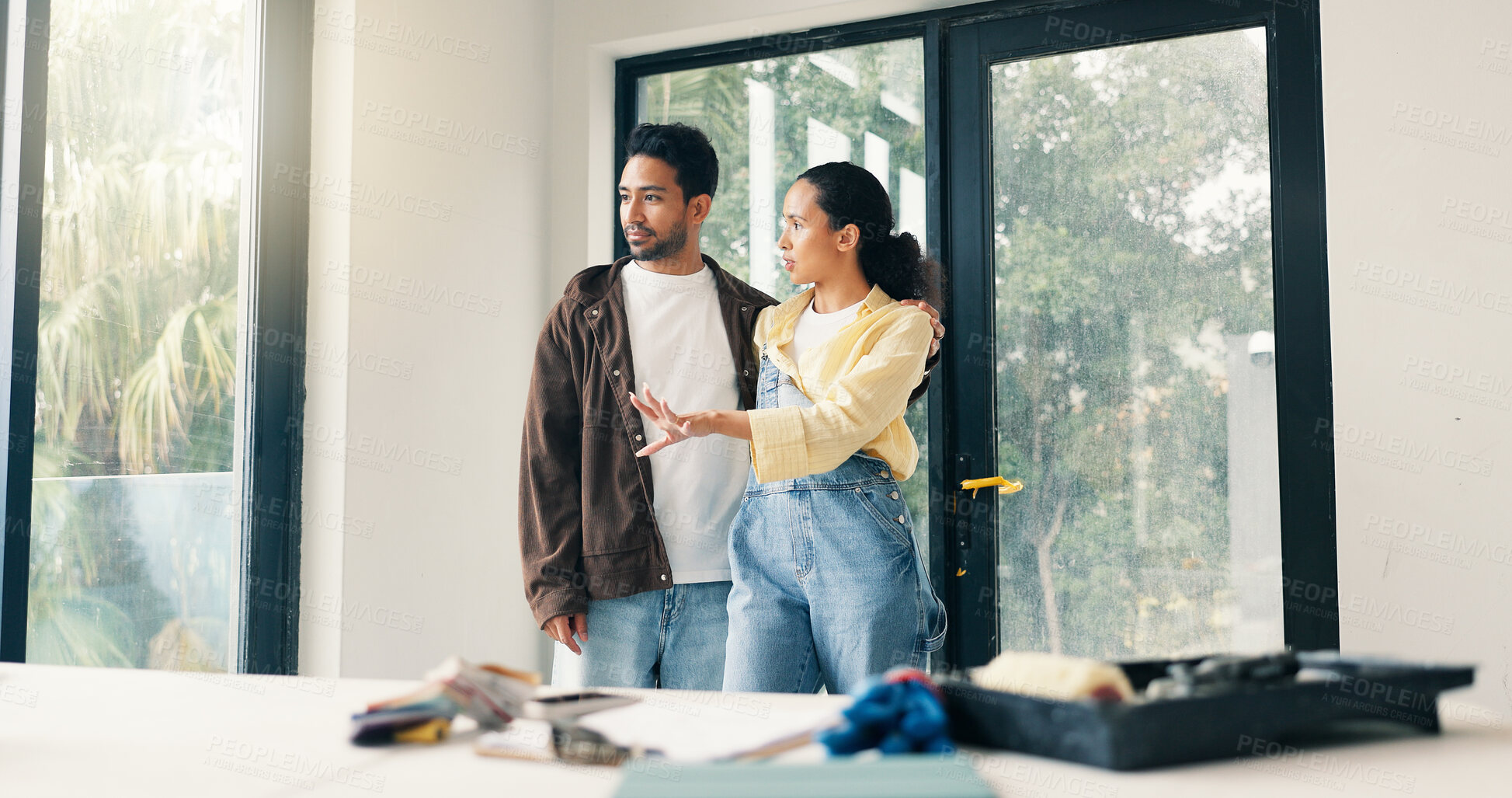 Buy stock photo Talking, idea and couple in home for renovation, interior design and decoration for new house. Marriage, planning and man with woman with diy project for improvement, remodeling and property makeover