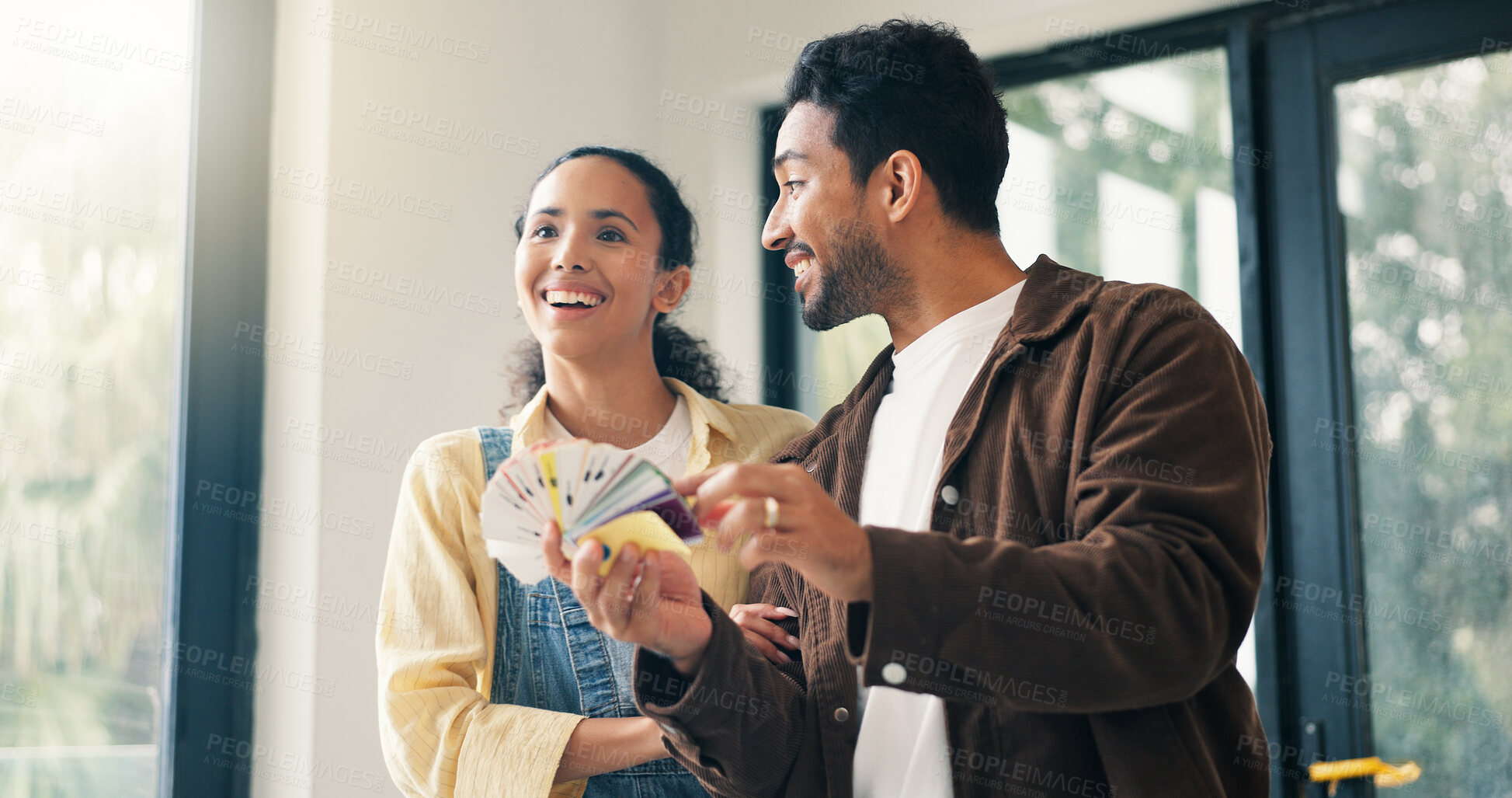 Buy stock photo Happy, palette and couple in home for renovation, diy project and talking for painting. Marriage, house and man with woman with choice, planning and color for interior design, decor or remodeling