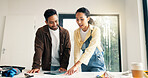 Planning, documents and couple in home for renovation, interior design and decoration for new house. Marriage, talking and man with woman with tech for change, remodeling and diy project for makeover