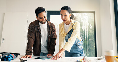 Buy stock photo Planning, documents and couple in home for renovation, interior design and decoration for new house. Marriage, talking and man with woman with tech for change, remodeling and diy project for makeover