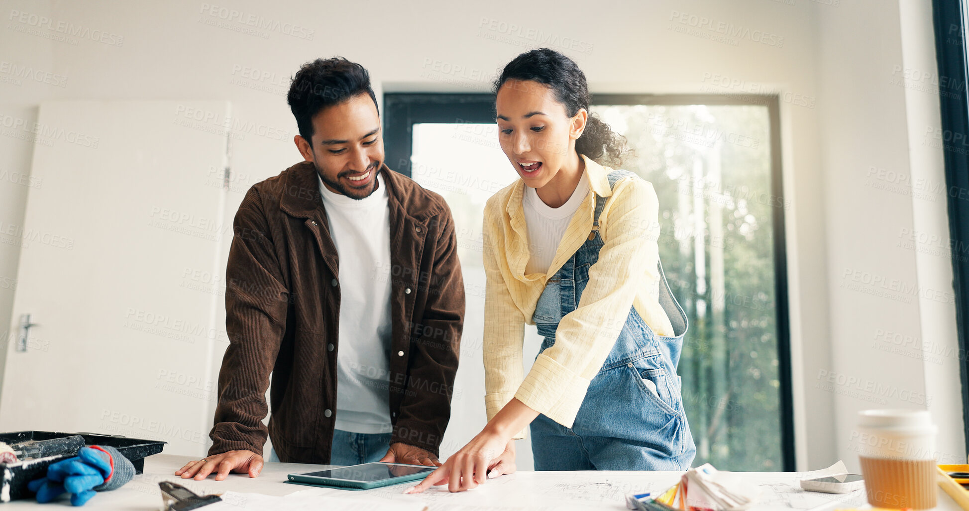 Buy stock photo Planning, documents and couple in home for renovation, interior design and decoration for new house. Marriage, talking and man with woman with tech for change, remodeling and diy project for makeover