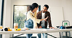 Planning, paperwork and couple in home for renovation, interior design and decoration for new house. Marriage, talking and man with woman with tablet for improvement, remodeling and property makeover