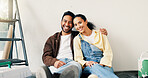 Happy, wall and portrait of couple in new home for renovation, repairs or property development. Smile, bonding and man with woman for painting, maintenance or planning on project in apartment.