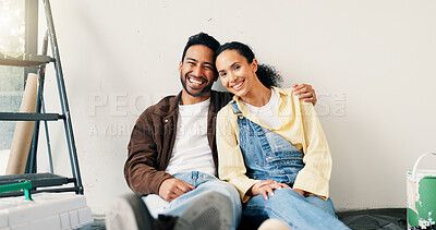 Buy stock photo Happy, wall and portrait of couple in new home for renovation, repairs or property development. Smile, bonding and man with woman for painting, maintenance or planning on project in apartment.