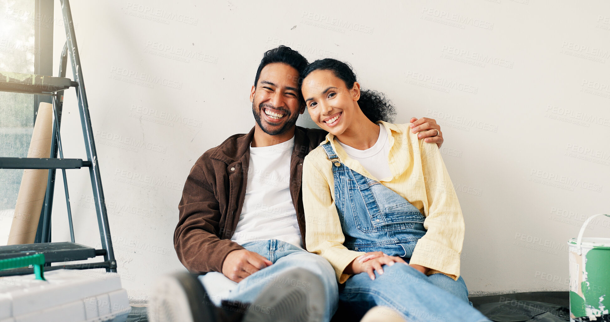 Buy stock photo Happy, wall and portrait of couple in new home for renovation, repairs or property development. Smile, bonding and man with woman for painting, maintenance or planning on project in apartment.