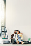 Happy, wall and portrait of couple in new house for renovation, repairs or property development. Space, bonding and man with woman for painting, maintenance or planning on project in apartment.