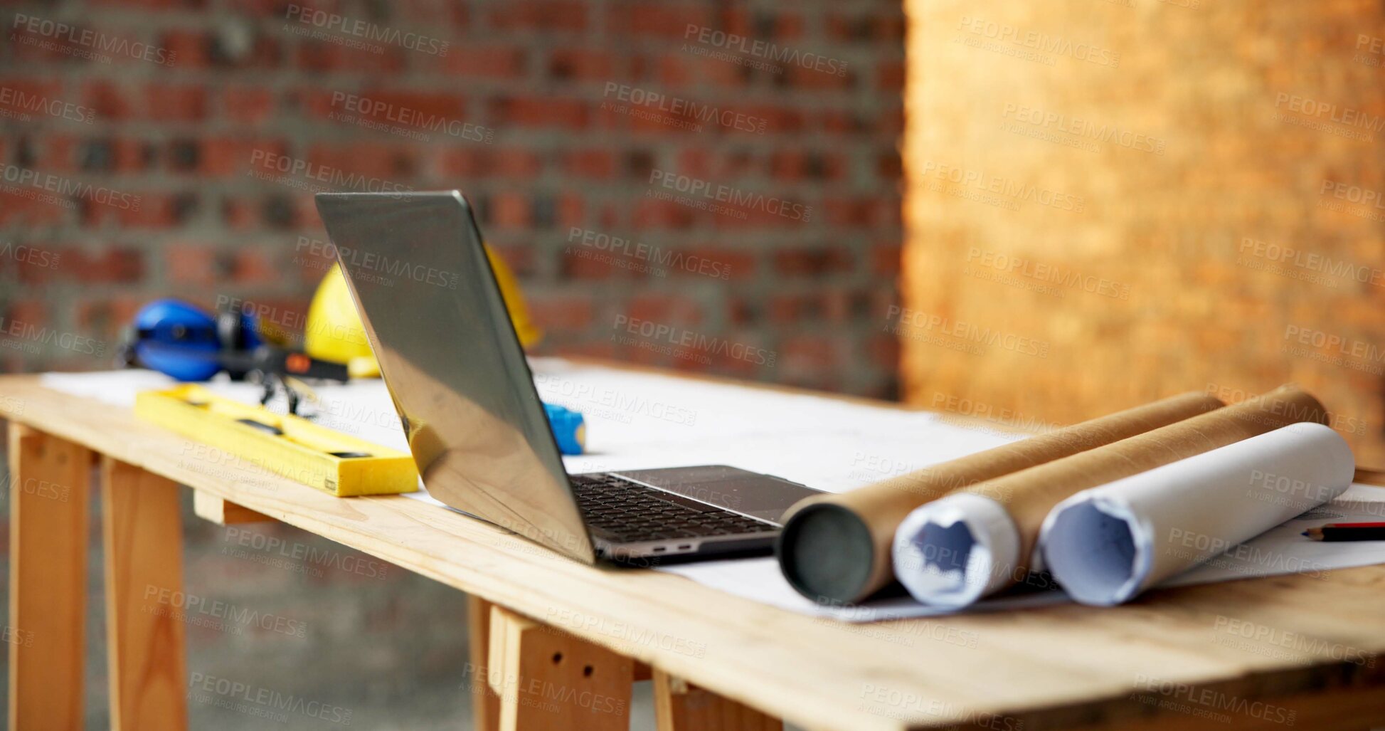 Buy stock photo Blueprint, architecture and laptop on construction site for safety, PPE or building security. Project, documents or paperwork with floor layout or tech for civil engineering design or infrastructure
