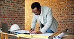 Black man, engineer and drawing at site with document, blueprint and design for architecture. Person, writing and paperwork with sketch, illustration and construction planner for building development