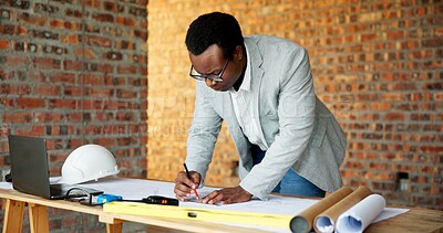 Buy stock photo Black man, engineer and drawing at site with document, blueprint and design for architecture. Person, writing and paperwork with sketch, illustration and construction planner for building development