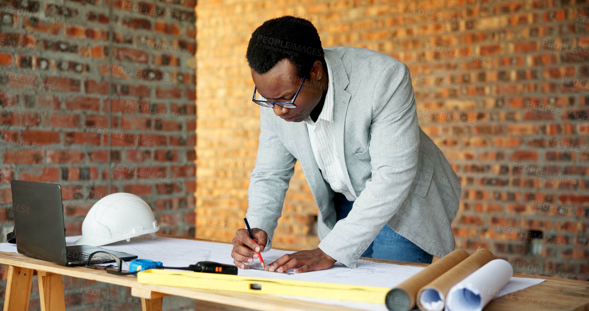 Buy stock photo Black man, engineer and drawing at site with document, blueprint and design for architecture. Person, writing and paperwork with sketch, illustration and construction planner for building development
