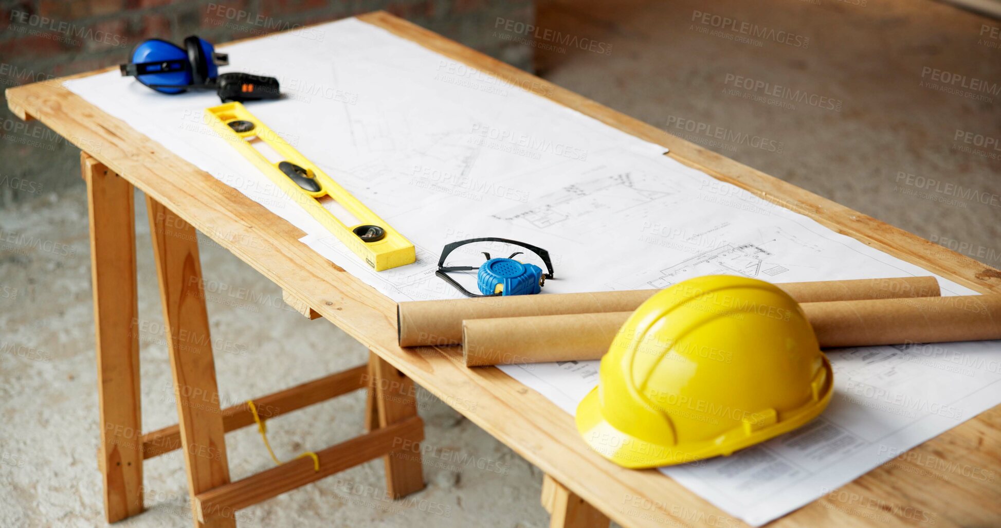 Buy stock photo Blueprint, architecture and tools on construction site for safety, PPE or building security. Project, documents or paperwork with floor layout or helmet for civil engineering design or infrastructure