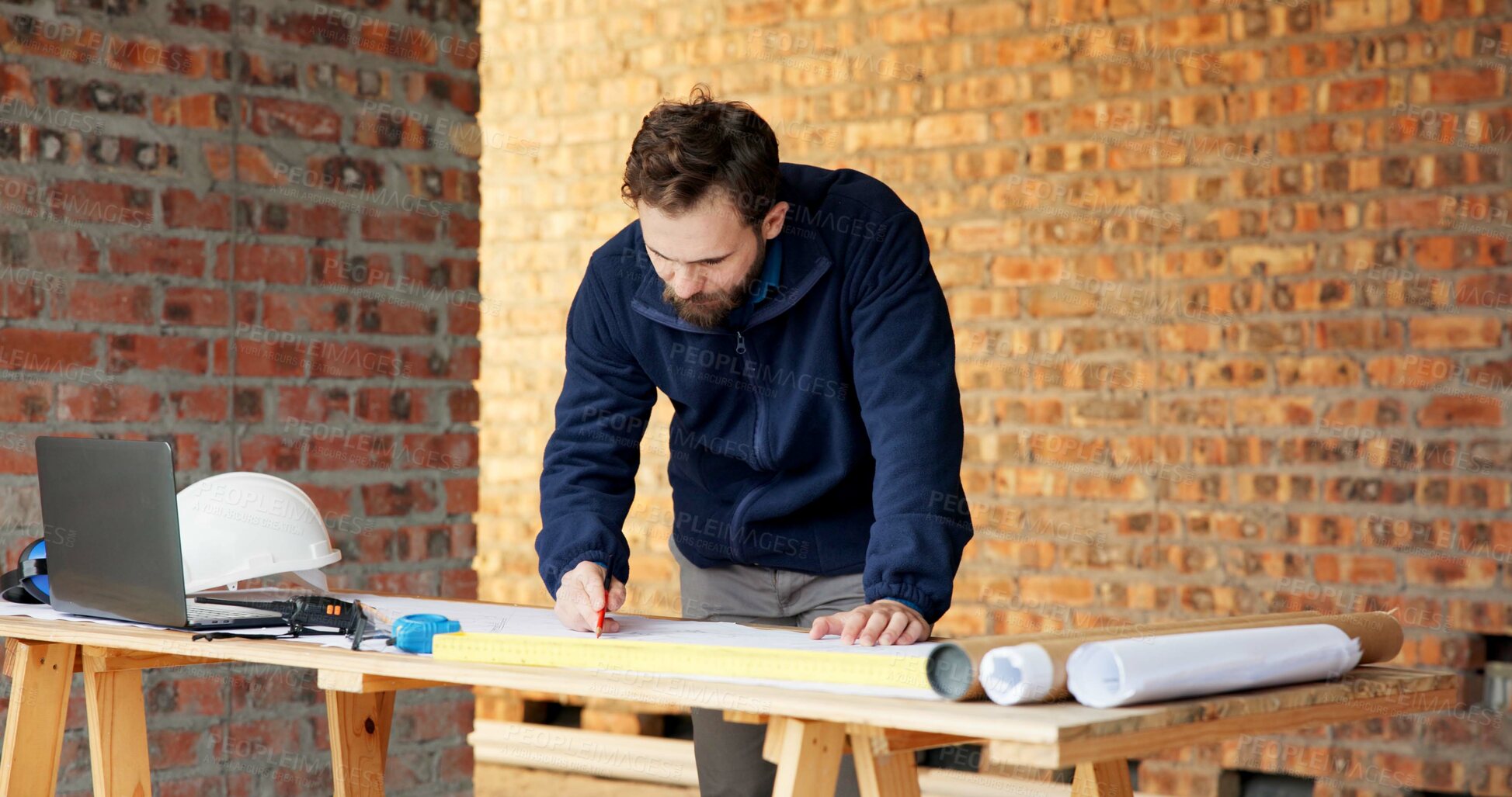 Buy stock photo Man, engineer and drawing at site with document, blueprint and design for architecture. Person, sketch and paperwork with floor plan, illustration and construction structure for building development