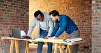 People, engineer and meeting at site with document, planning and blueprint for construction. Men, team and laptop at worksite with paperwork, floor plan and quality assurance for building development