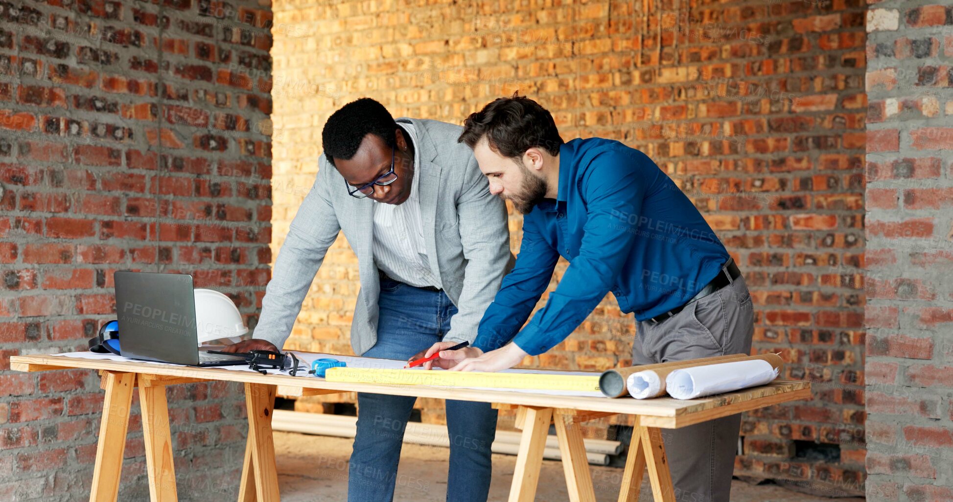 Buy stock photo People, engineer and meeting at site with document, planning and blueprint for construction. Men, team and laptop at worksite with paperwork, floor plan and quality assurance for building development