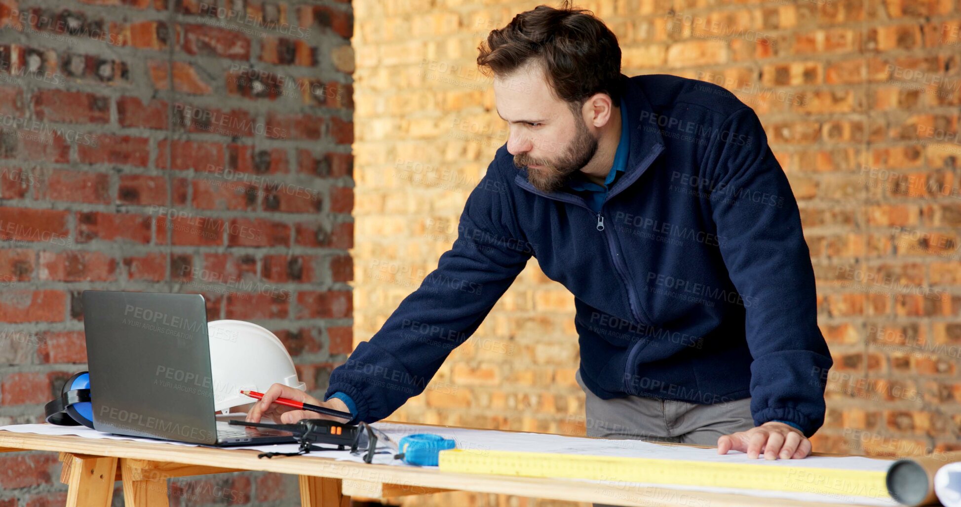 Buy stock photo Laptop, architecture and man with drawing, construction site and urban development or remodeling. Tech, person and employee for engineering, property and infrastructure for safety and quality control