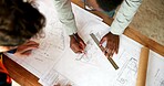 Hands, engineer and people drawing with document, blueprint and design for architecture. Above, team and paperwork at site with floor plan, illustration and construction sketch for building structure