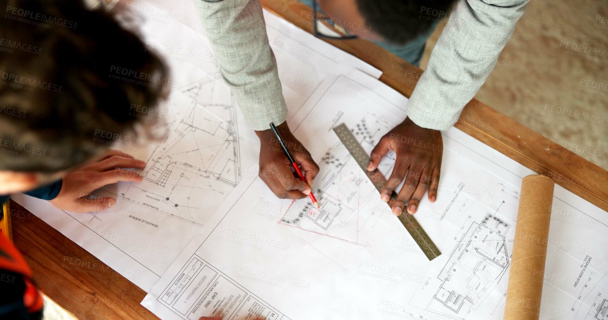 Buy stock photo Hands, engineer and people drawing with document, blueprint and design for architecture. Above, team and paperwork at site with floor plan, illustration and construction sketch for building structure