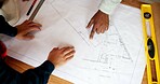Hands, engineer and team reading with document, blueprint and design for architecture. Above, people and paperwork at site with floor plan, illustration and construction sketch for building structure