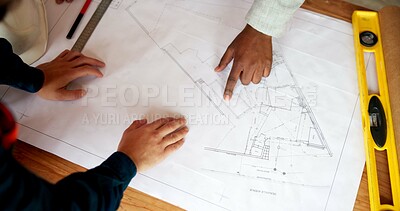 Buy stock photo Hands, engineer and team reading with document, blueprint and design for architecture. Above, people and paperwork at site with floor plan, illustration and construction sketch for building structure