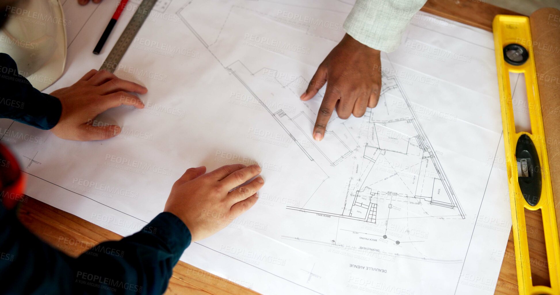 Buy stock photo Hands, engineer and team reading with document, blueprint and design for architecture. Above, people and paperwork at site with floor plan, illustration and construction sketch for building structure