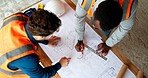 People, engineer and drawing at site with document, blueprint and sketch for architecture. Above, team and paperwork with floor plan, illustration and construction structure for building development