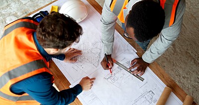 Buy stock photo People, engineer and drawing at site with document, blueprint and sketch for architecture. Above, team and paperwork with floor plan, illustration and construction structure for building development