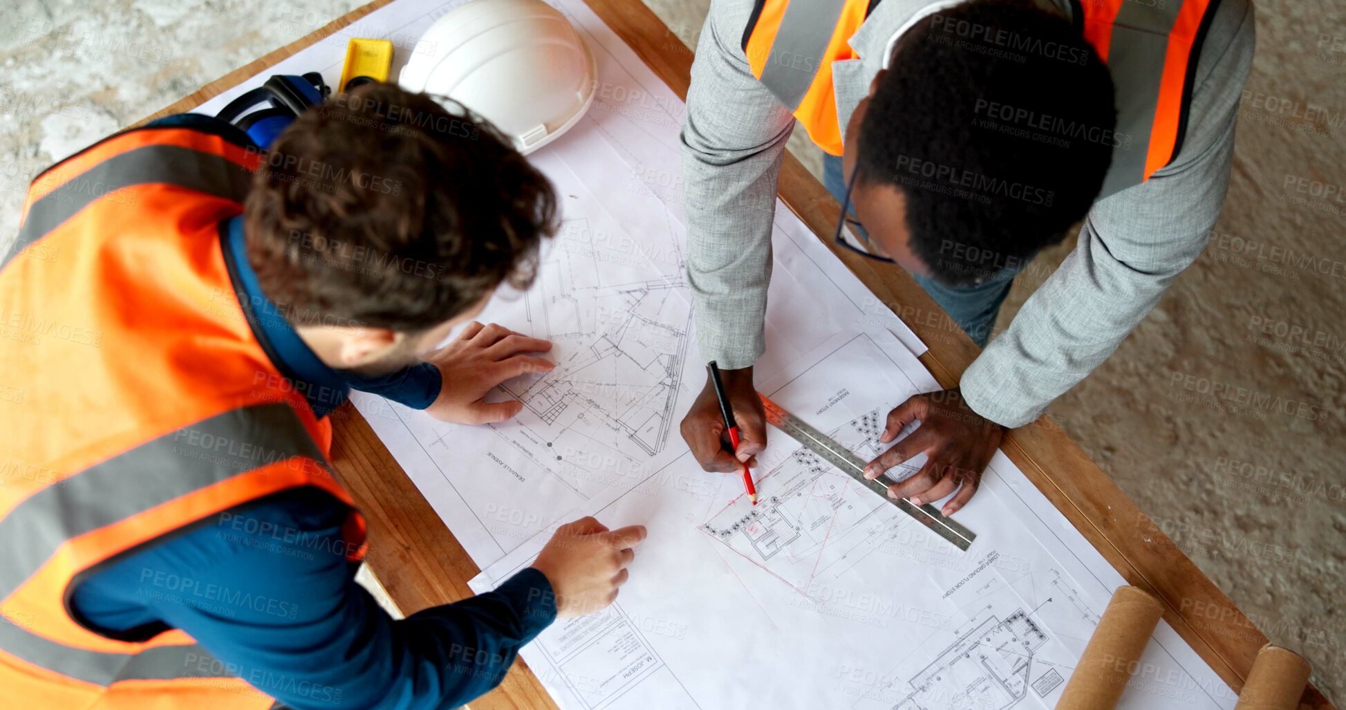 Buy stock photo People, engineer and drawing at site with document, blueprint and sketch for architecture. Above, team and paperwork with floor plan, illustration and construction structure for building development