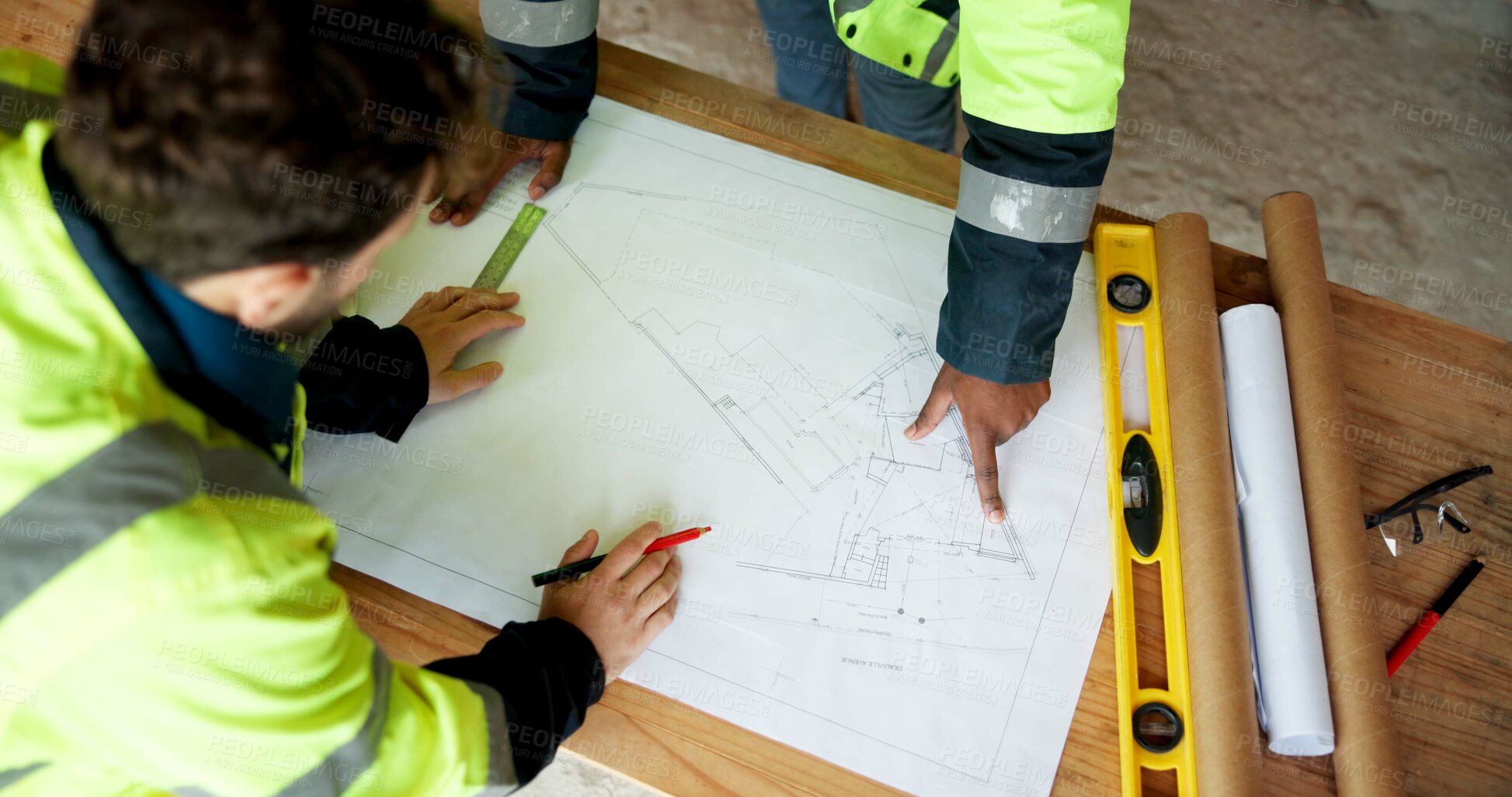 Buy stock photo People, engineer and reading at site with document, blueprint and drawing for architecture. Above, team and paperwork with floor plan, illustration and construction structure for building development