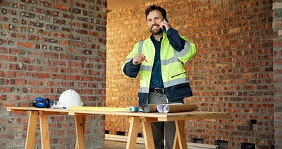 Buy stock photo Architect, site or man with phone call for construction, confirm building safety or project update. Architecture, worker and happy with mobile chat for status reporting, masonry progress and feedback