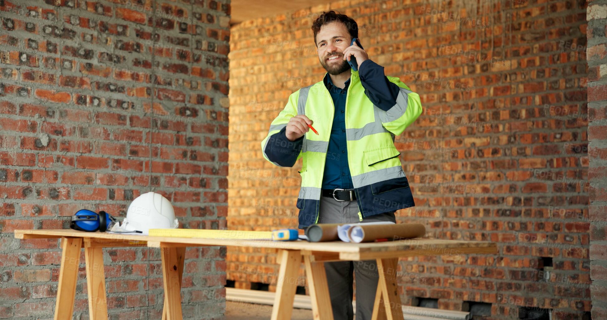 Buy stock photo Architect, site or man with phone call for construction, confirm building safety or project update. Architecture, worker and happy with mobile chat for status reporting, masonry progress and feedback