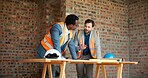 People, engineer and talking at site for meeting, planning and inspection for construction. Men, contractor and worksite for team discussion, civil engineering and feedback on building development